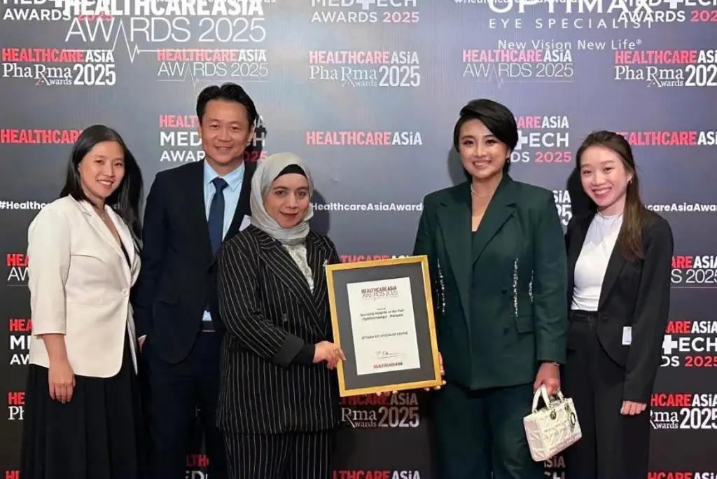 Wall of awards at Optimax eye specialist centre